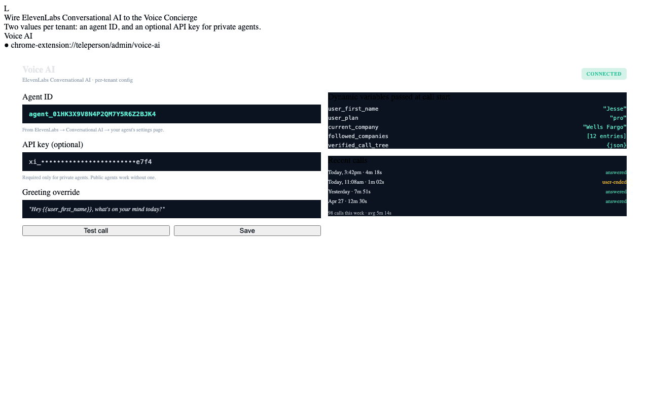 Voice AI admin form with Agent ID, masked API key, greeting override on the left, and dynamic-variables list plus recent-calls table on the right