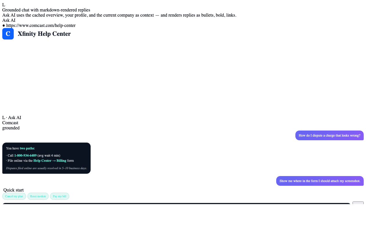 Ask AI thread on Comcast's help center showing a markdown-rendered reply with bullets, bold, and a phone number, plus three quick-start chips below