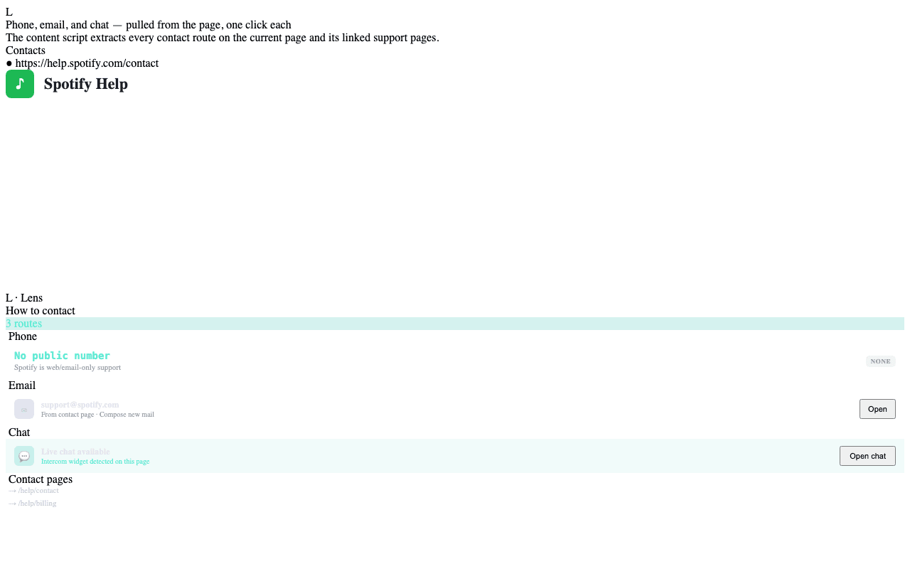 How-to-contact card on a Spotify support page — phone "no public number" chip, email row with Open button, and an Intercom Open chat highlighted in teal