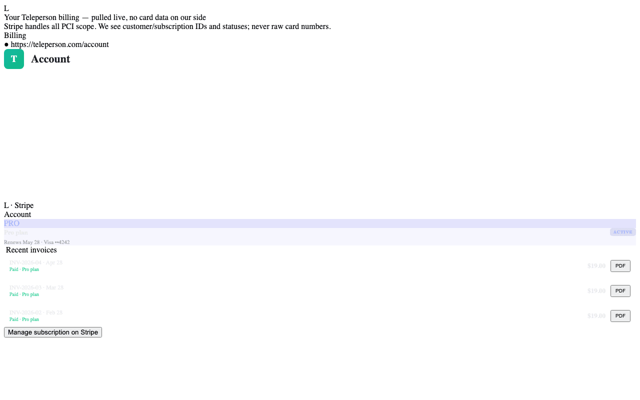 Stripe Account tab showing the user on the Pro plan with three recent paid invoices and per-invoice PDF download buttons