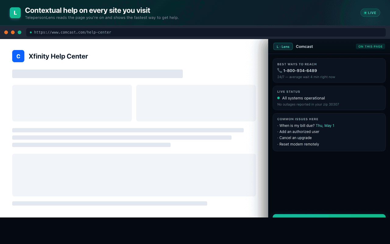 Teleperson panel surfacing the right phone number, live status, and common issues on a real support page