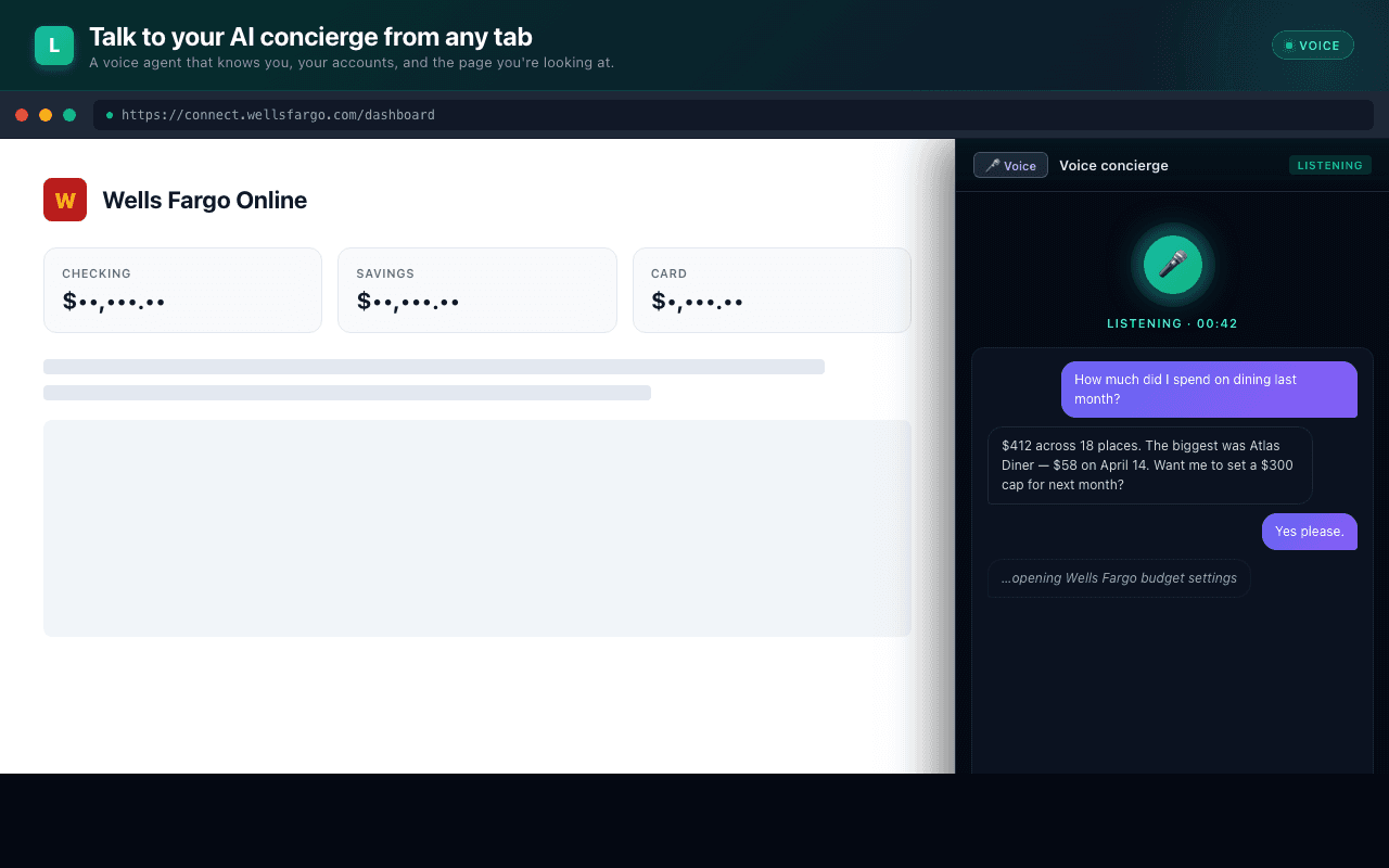Voice Concierge in a live session on Wells Fargo, transcribing the user's question and the agent's spending summary in real time