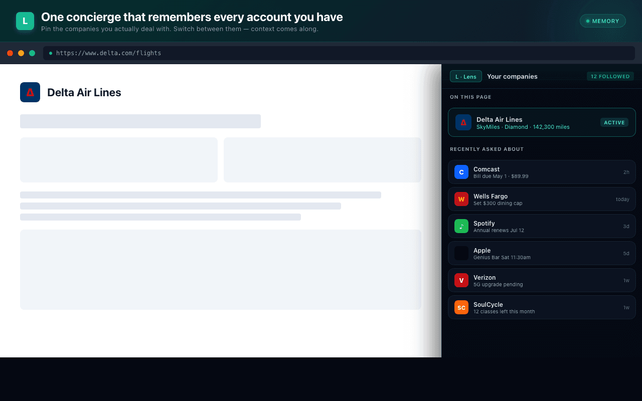 Company Hub showing followed companies (Comcast, Wells Fargo, Spotify, Apple, Verizon, SoulCycle) alongside Delta Air Lines as the active page